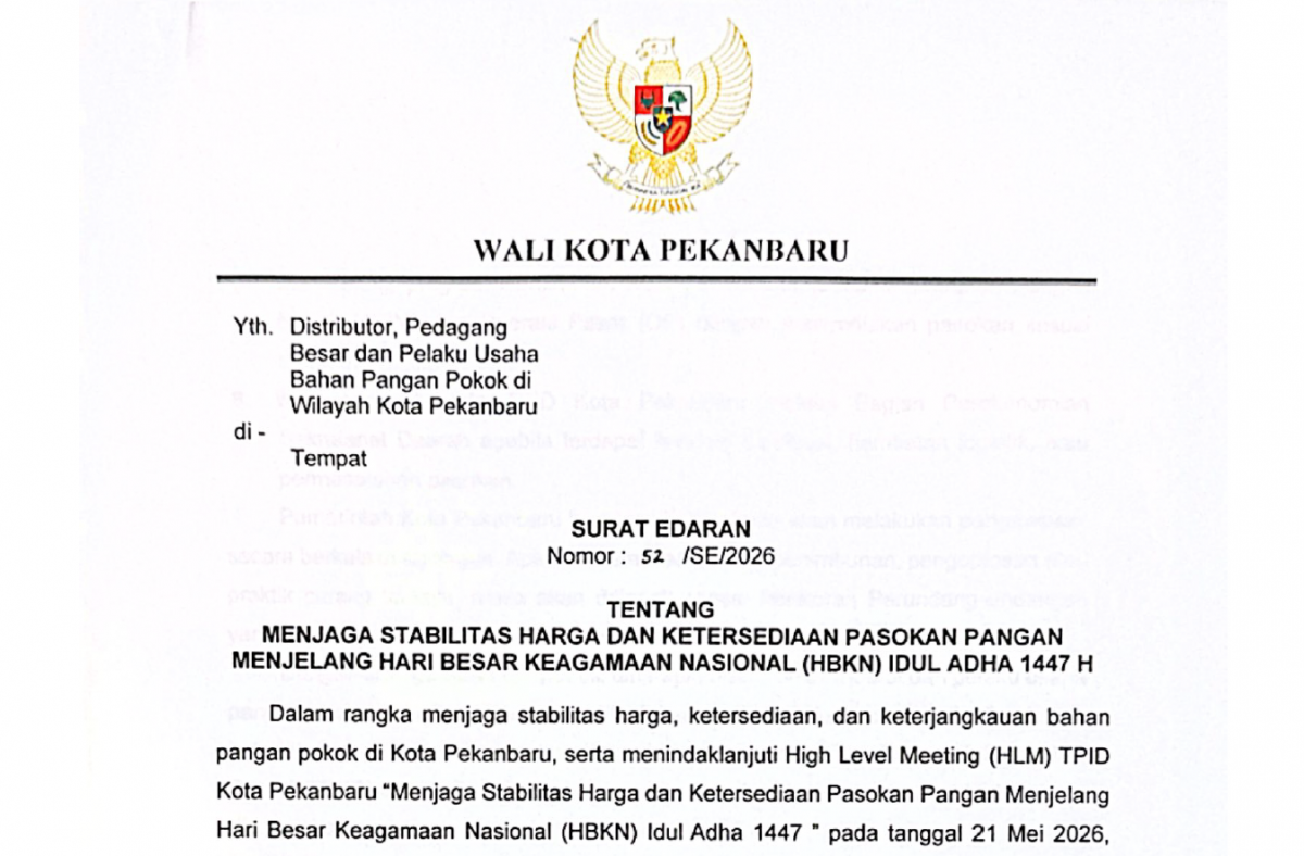 SURAT EDARAN TENTANG MENJAGA STABILITAS HARGA DAN KETERSEDIAAN PASOKAN PANGAN MENJELANG HARI BESAR KEAGAMAAN NASIONAL (HBKN) IDUL ADHA 1447 H