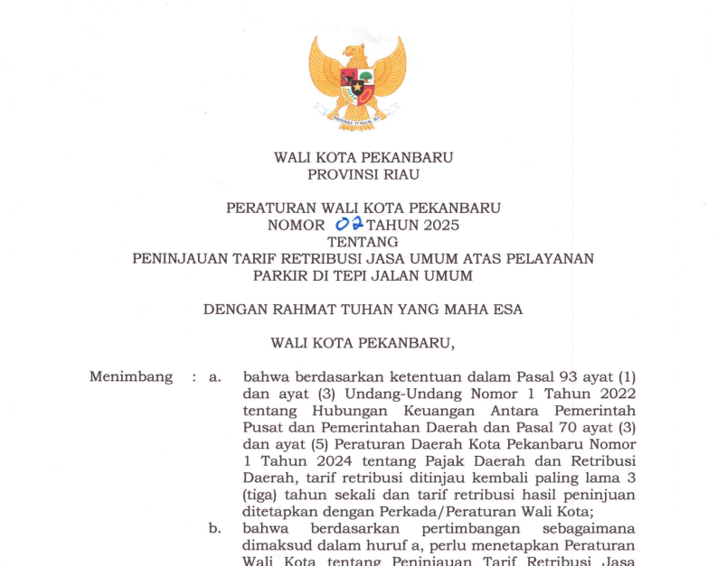 PERWAKO PEKANBARU NOMOR 2 TAHUN 2025 TENTANG PENINJAUAN TARIF RETRIBUSI JASA UMUM ATAS PELAYAAN PARKIR DI TEPI JALAN UMUM
