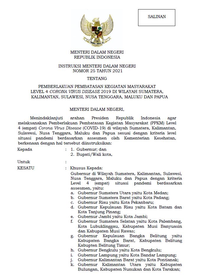 INMENDAGRI TENTANG PPKM LEVEL 4 COVID-19 DI WILAYAH SUMATERA, KALIMANTAN, SULAWESI, NUSA TENGGARA, MALUKU DAN PAPUA