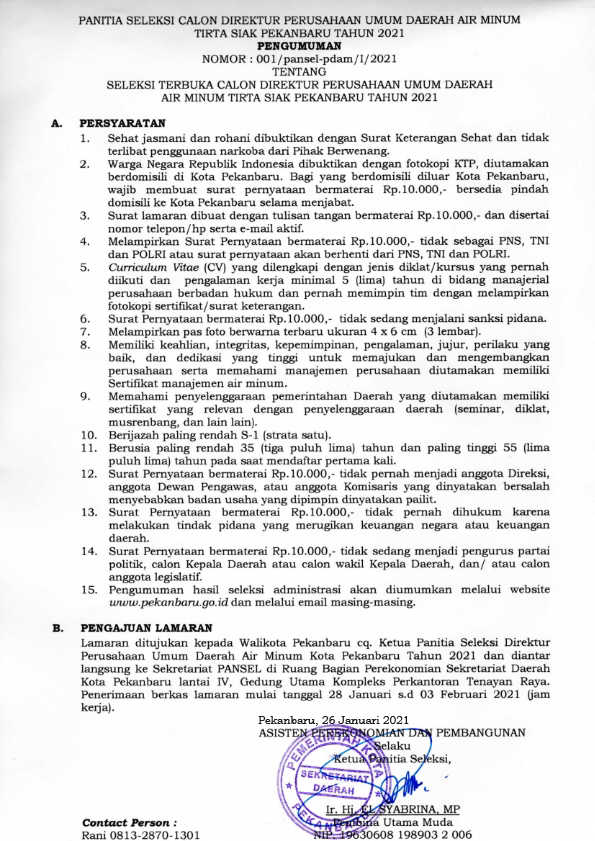 SELEKSI TERBUKA CALON DIREKTUR PERUSAHAAN UMUM DAERAH AIR MINUM TIRTA SIAK PEKANBARU TAHUN 2021