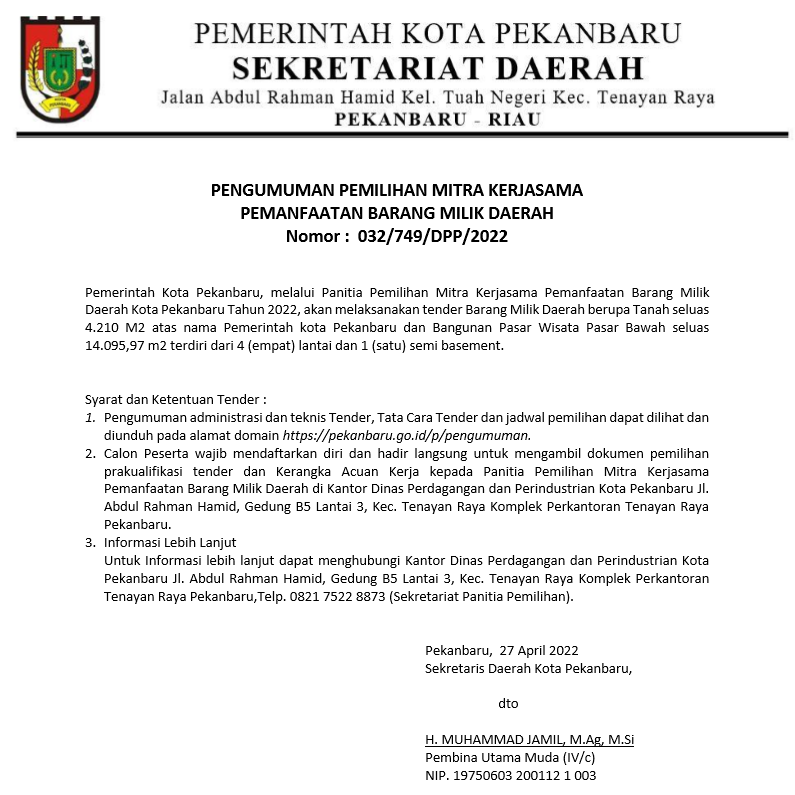 PENGUMUMAN PEMILIHAN MITRA KERJASAMA PEMANFAATAN BARANG MILIK DAERAH PADA PASAR WISATA PASAR BAWAH