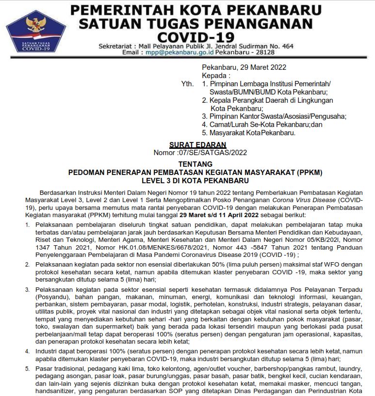 SURAT EDARAN TENTANG PEDOMAN PPKM LEVEL III DI PEKANBARU (07/SE/SATGAS/2022)