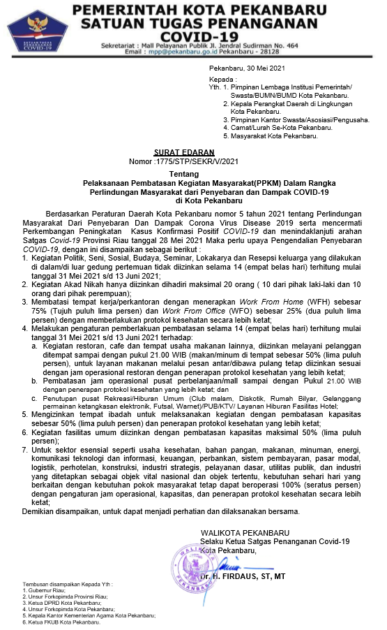 Surat Edaran Tentang Pelaksanaan Pembatasan Kegiatan Masyarakat (PPKM) Dalam Rangka Perlindungan Masyarakat dari Penyebaran dan Dampak COVID-19  di Kota Pekanbaru