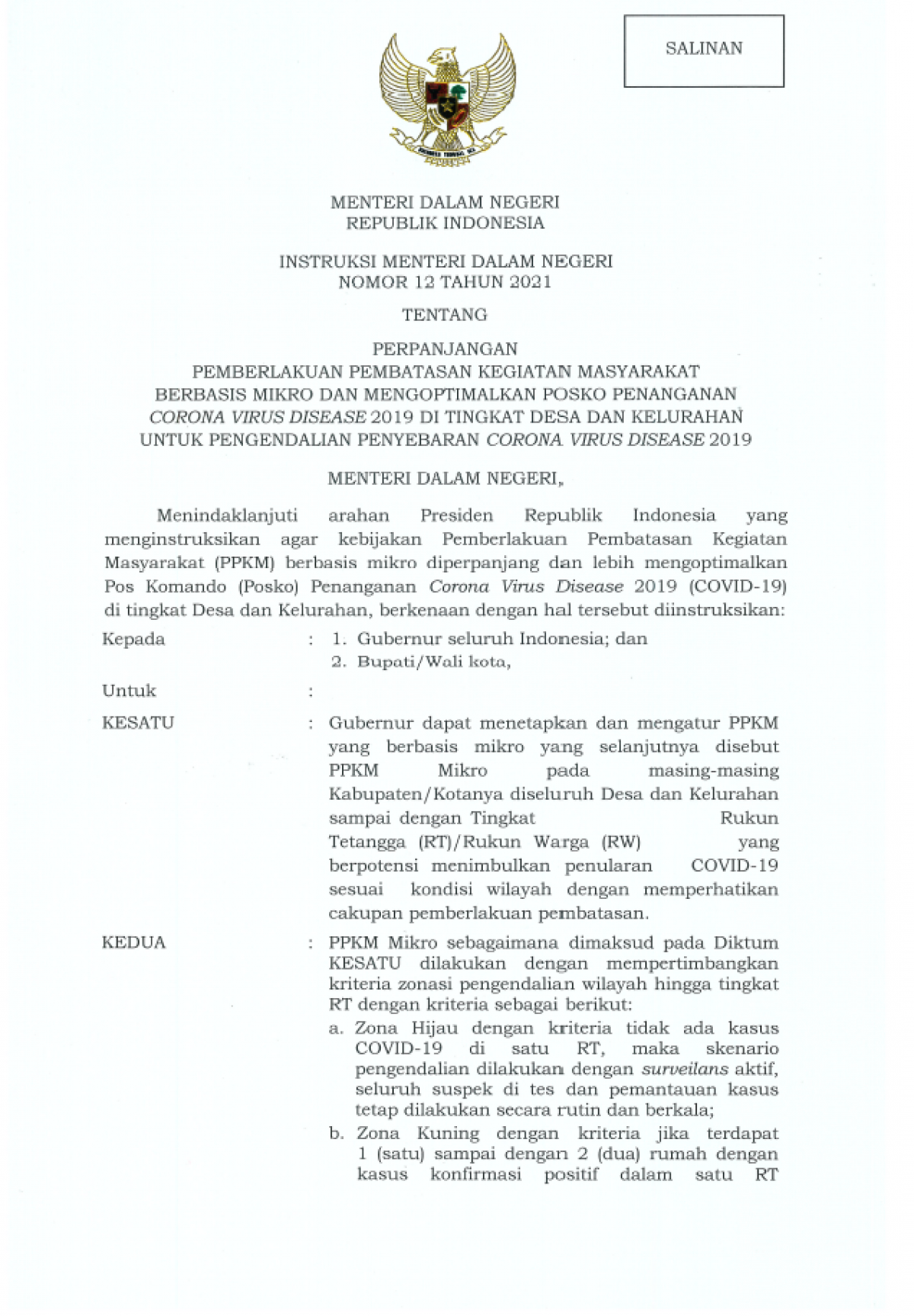 Instruksi Menteri Dalam Negeri tentang Perpanjangan  Pemberlakuan Pembatasan Kegiatan Masyarakat Berbasis Mikro dan Mengoptimalkan Posko Penanganan Covid-19 di Tingkat Desan dan Kelurahan untuk Pengendalian Penyebaran Covid-19
